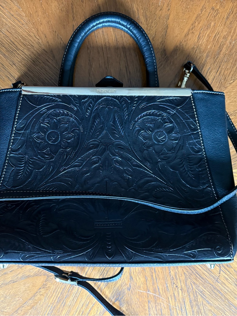 Prison Art / Black Embossed Leather Top-Handle Bag